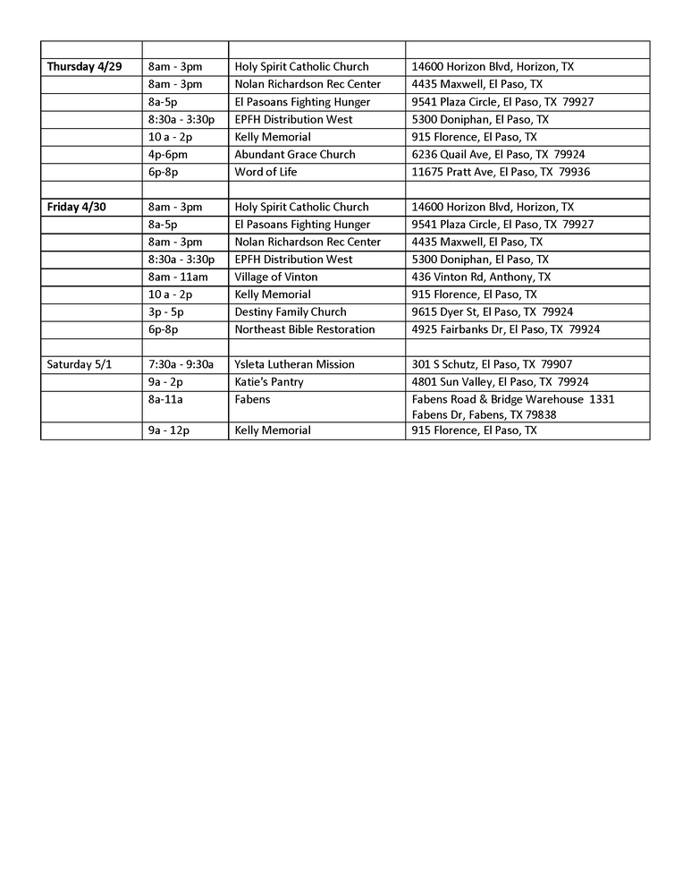 Mobile Distributions for the week of April 26,2021